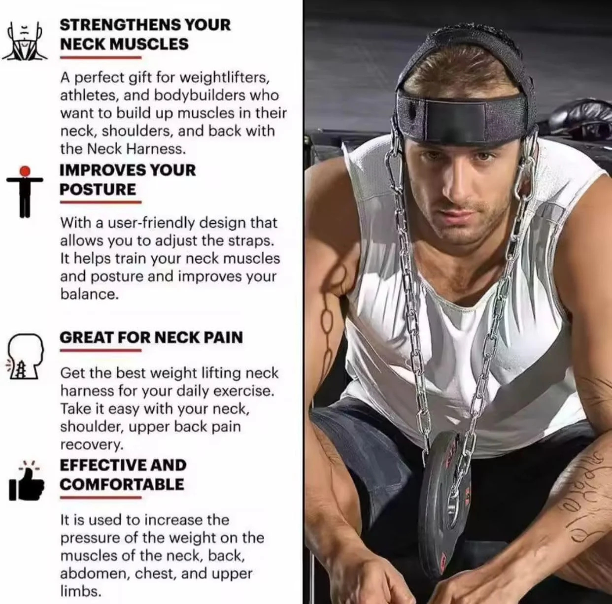 حزام تقوية عضلات الرقبة مع سلسلة حديد – Neck Training Harness لتمارين العنق والكتف – قابل للتعديل – مناسب كمال الأجسام والمصارعة والرياضات القتالية - Image 4