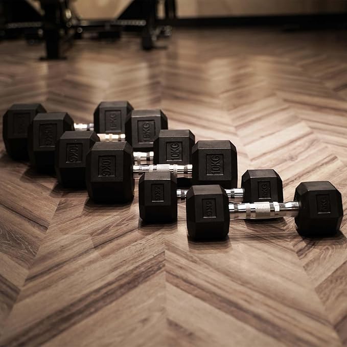 زوج من دمبل سداسي مطاط احترافي – Hex Dumbbell للجيم والتمارين المنزلية – يد ستيل مانعة للانزلاق – أوزان متعددة لبناء العضلات وتمارين القوة والكارديو - Image 4