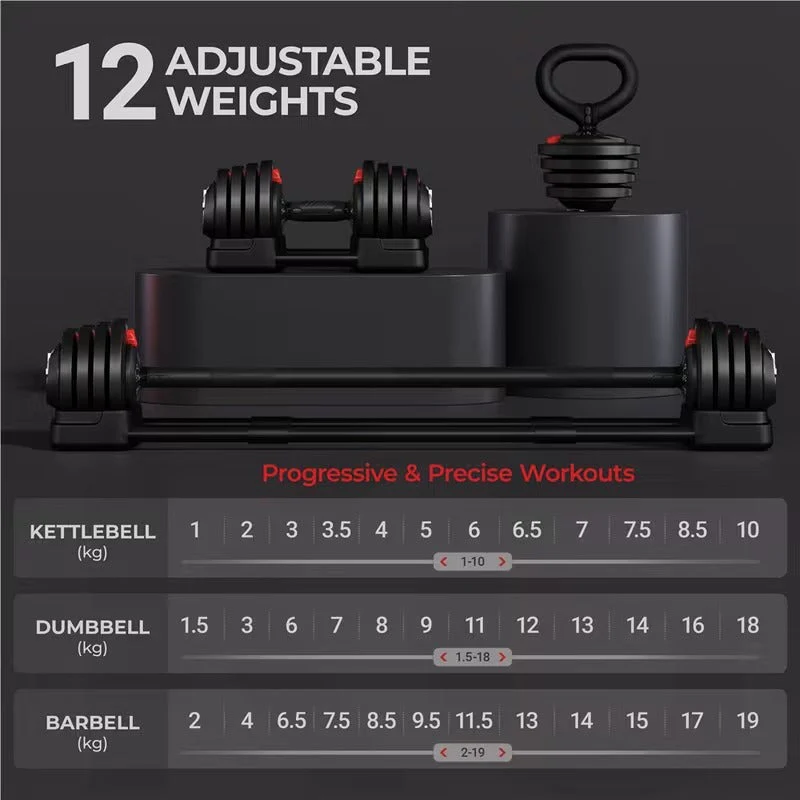 SportQ 24 Kg 3 in 1 Multifunctional Dumbbell Set - Kettlebell - Single Dumbbell Barbell - 12 Adjustable Weight Settings - Fitness Connecting Bar - Image 5