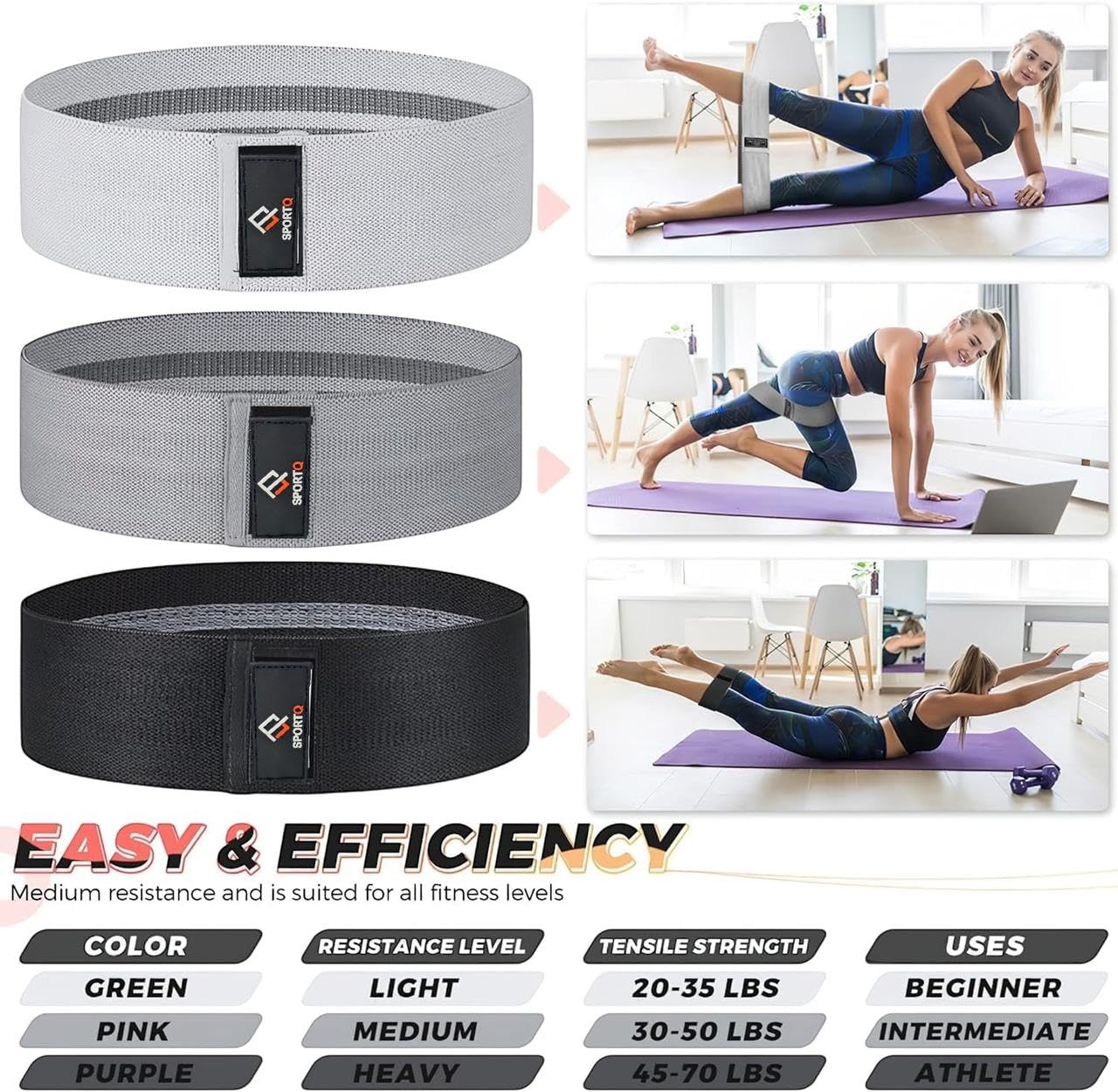 Premium SportQ Resistance Bands for Legs and Butt Anti Slip Hip Bands for Women and Men, Hip and Leg Exercise Bands - 3 Levels Resistance Bands for Hips and Legs - Image 5