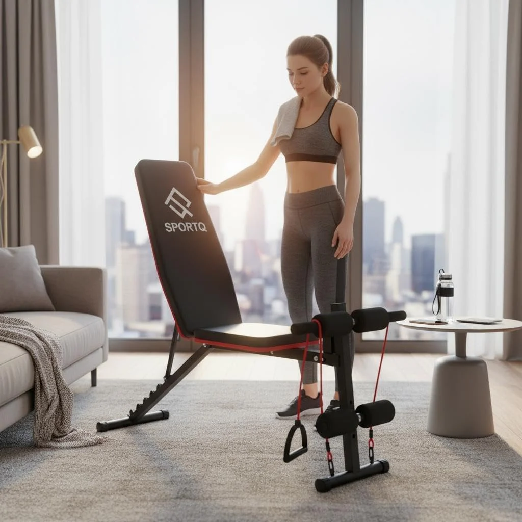 SportQ Adjustable Weight Bench Foldable Exercise Bench 250kg Large Capacity Elastic Ropes for Home Gym Strength Training Full Body Fitness Sit Up Flat Incline - Image 2