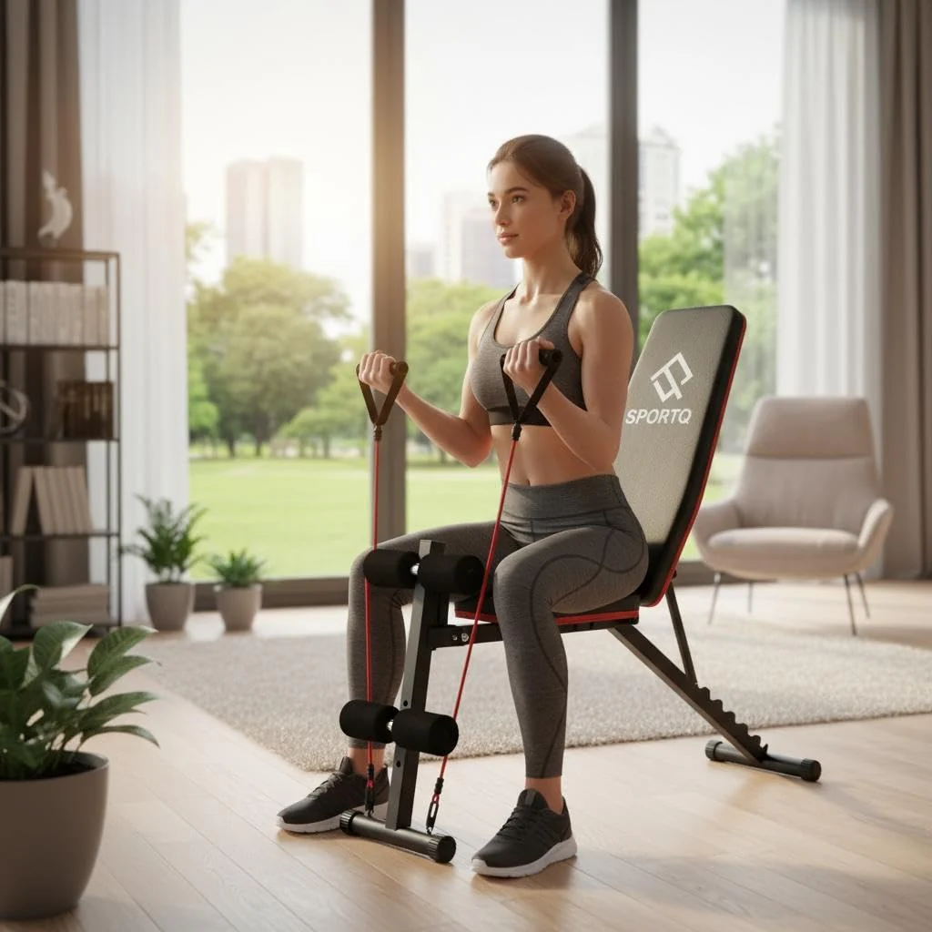 SportQ Adjustable Weight Bench Foldable Exercise Bench 250kg Large Capacity Elastic Ropes for Home Gym Strength Training Full Body Fitness Sit Up Flat Incline - Image 4