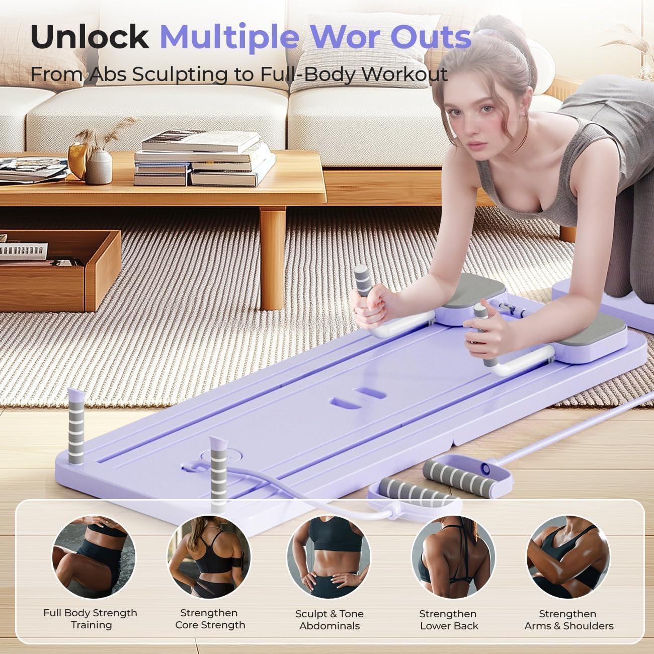 SportQ Multifunctional Pilates Board Foldable Home Gym Abdominal Waist Trainer Strengthening Arms Legs Full Resistance Plate + Handles + Tension Bands Suitable for Women Men Easy Storage - Image 10