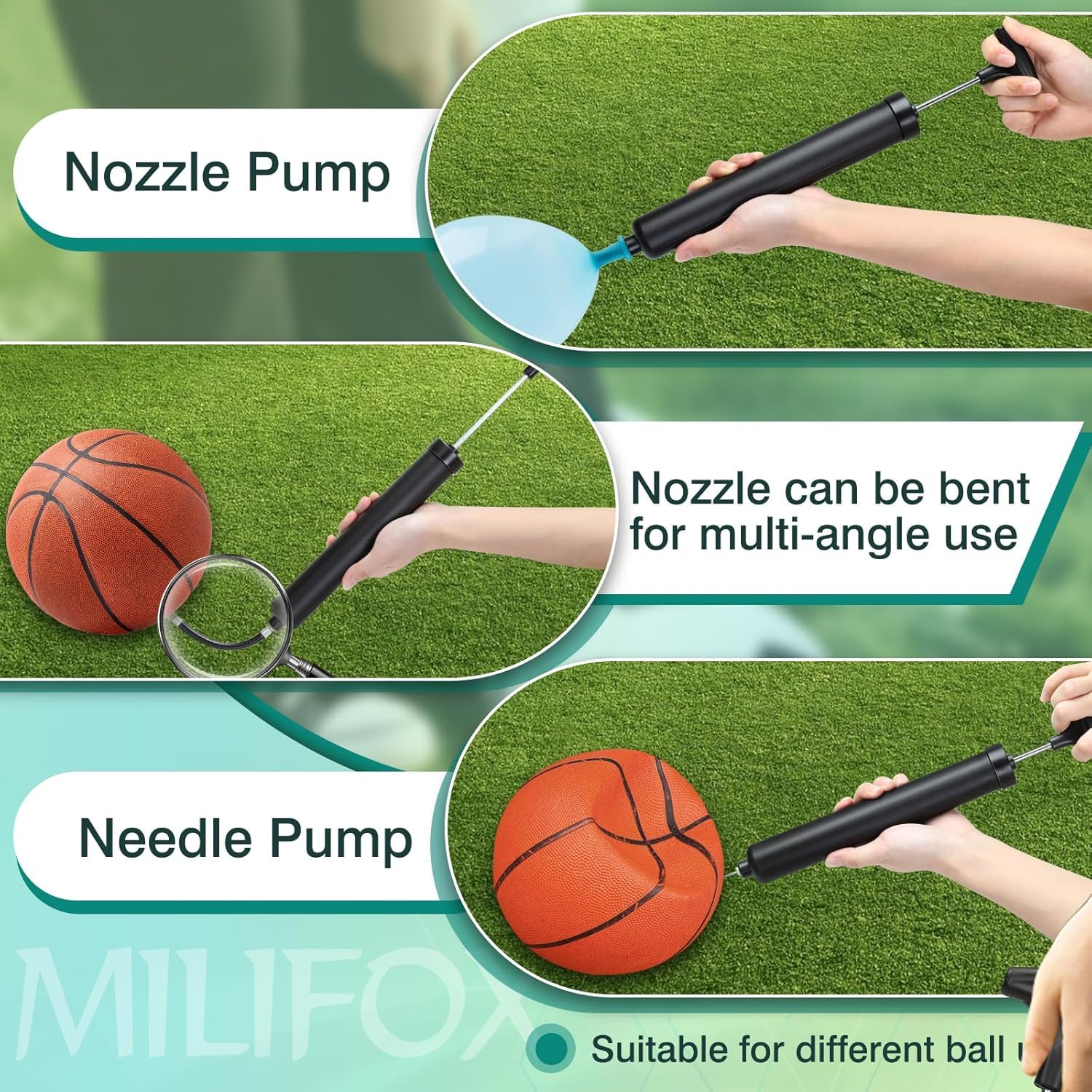 SportQ Premium Portable Ball Pump – High Pressure Hand Air Pump with Flexible Hose & Multiple Nozzles for Inflating Football, Basketball, Volleyball, Balloons, Floats – Compact Portable Size - Image 3