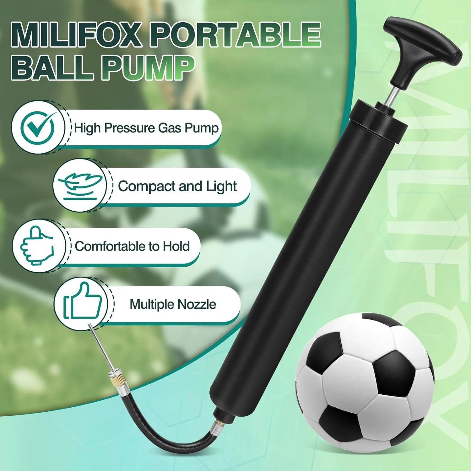 SportQ Premium Portable Ball Pump – High Pressure Hand Air Pump with Flexible Hose & Multiple Nozzles for Inflating Football, Basketball, Volleyball, Balloons, Floats – Compact Portable Size - Image 6