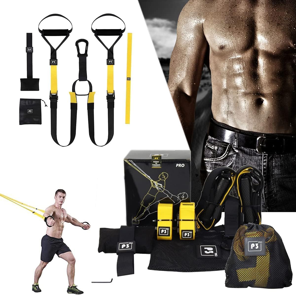Pro3 Suspension Training Set, Resistance Bands for Full Body Training Levels Indoor and Outdoor Use, Adjustable Straps Up to 500kg, Complete Home Gym Equipment