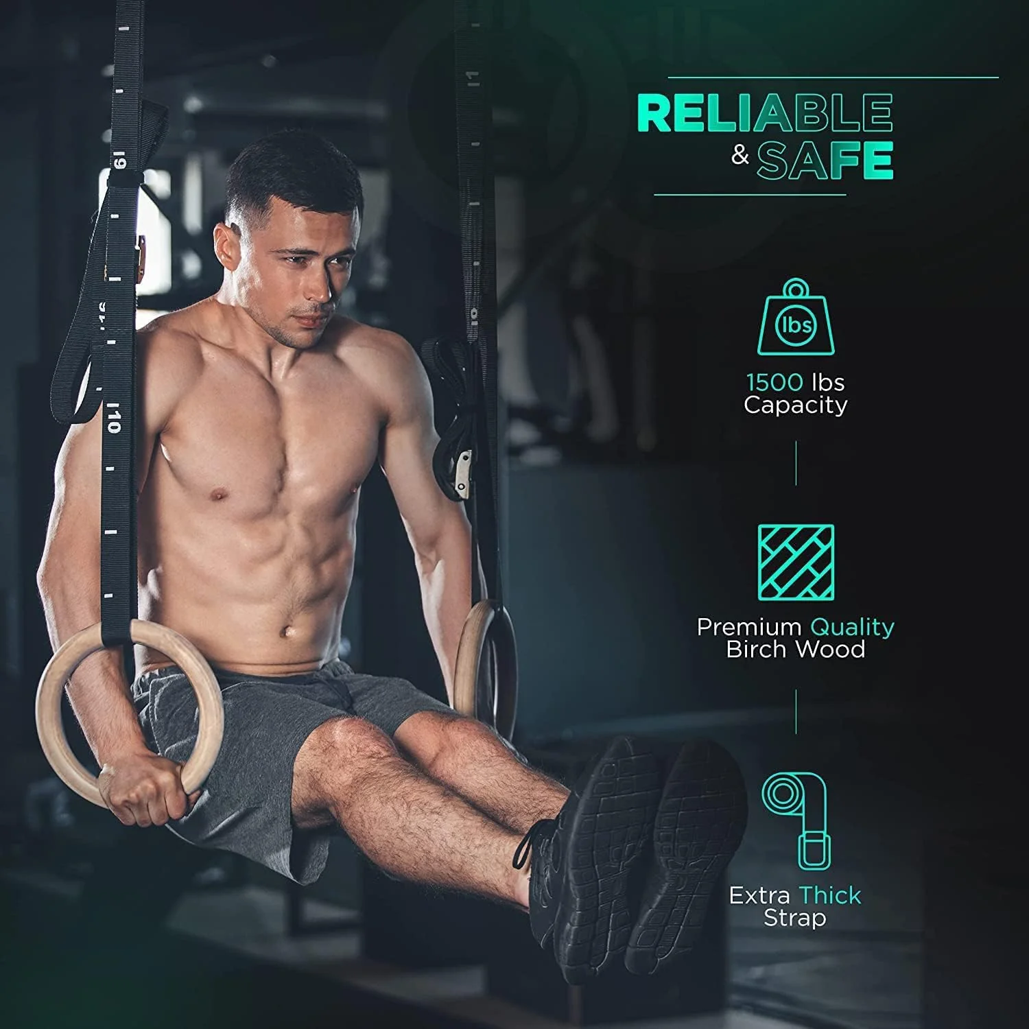 حلقات الجمباز اللتميت باور من سبورت كيو®️ حلقات اوليمبية احترافية خشبية مع احزمة وابزيم قابل للتعديل بطول 5 متر تدريب غير قابلة للانزلاق تمارين للجمباز وكمال الاجسام وتمارين السحب - Image 7